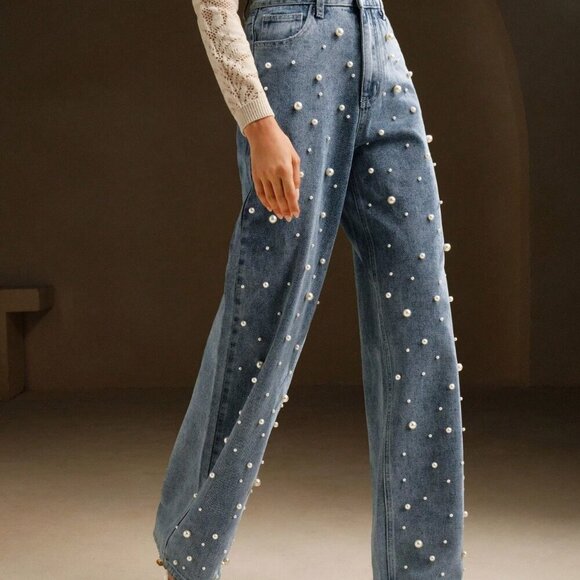 Blue Casual Women's High Waist Pearl Embellished Straight Loose Wide Leg Jeans - Picture 7 of 7